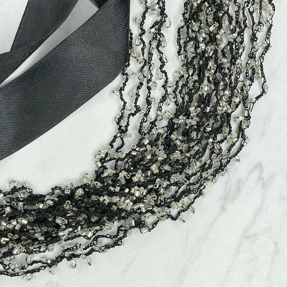 Black Multi Strand Beaded Ribbon Tie Necklace - Picture 7 of 11